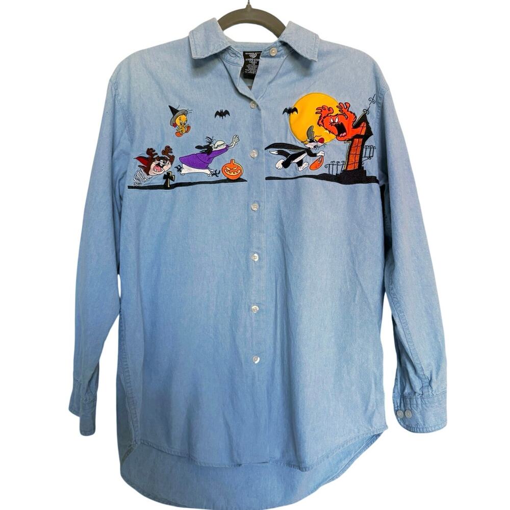 VTG 1997 WarnerBros Looney Tunes Halloween Embroidered Chambray Shirt XS